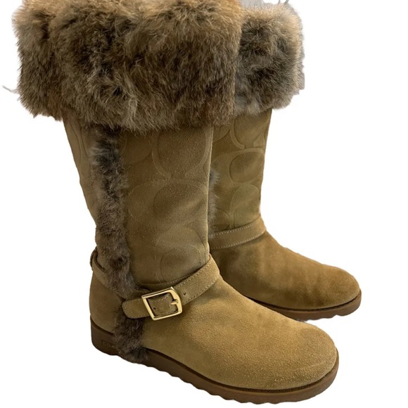 COACH Deeann Signature Boots Camel Tan Suede Buckle Rabbit Fur Trim Size 7B - Picture 5 of 13